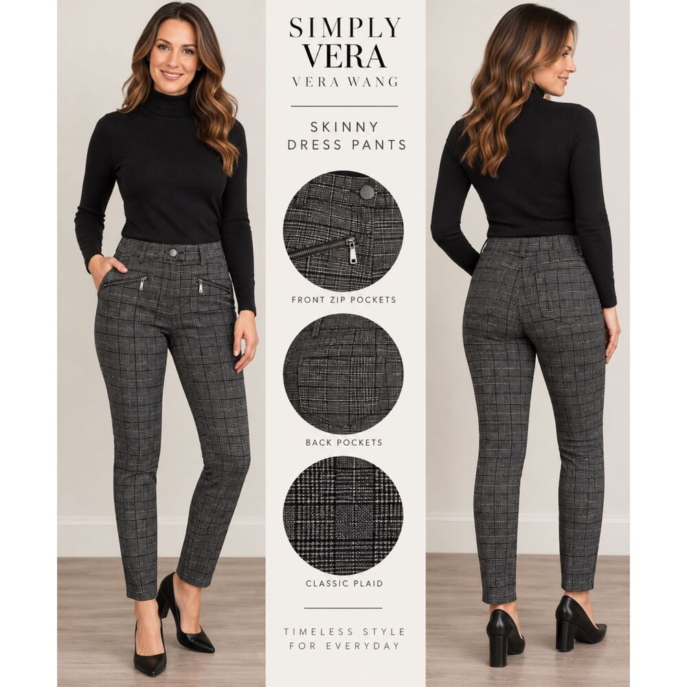 Simply Vera Vera Wang PL Skinny Dress Pants Black Gray Plaid Zip Pockets #22